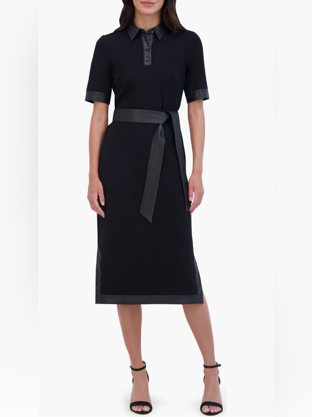 Eliza J Faux Leather Trim Tie Waist Midi Dress in Black